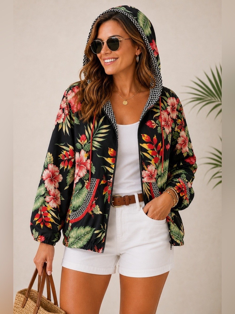 VTG Vanity Tropical Floral Beaded Shell Lightweight Zip Hoodie Jacket Size L